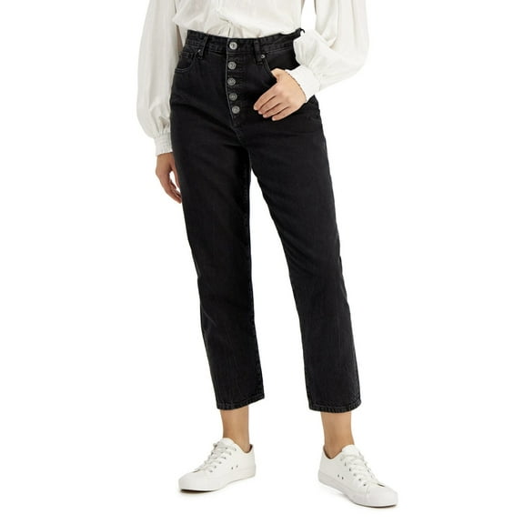 INC International Concepts Women's High Rise Button-Fly Mom Jeans Black (Black, 6/28)