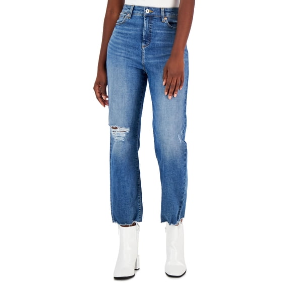 INC International Concepts Womens High Rise Distressed Straight Leg Jeans Medium Indigo 10