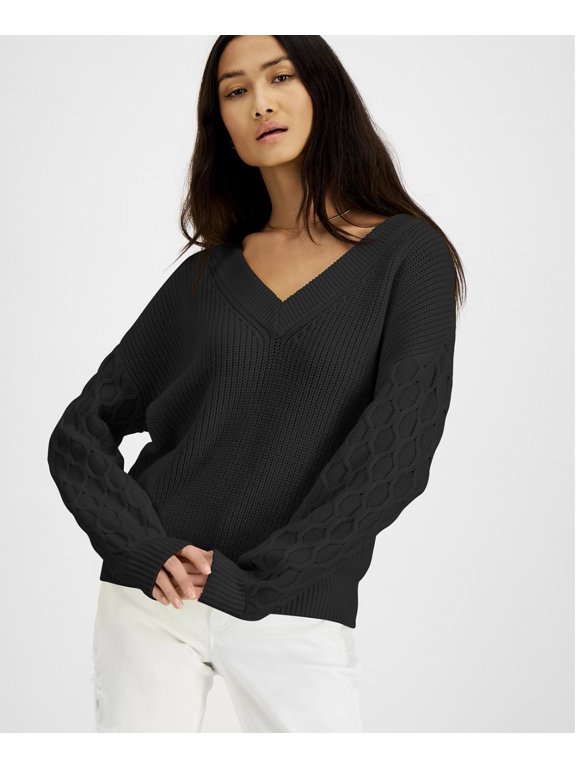Women's Honeycomb-Sleeve Sweater Deep Black Size XS