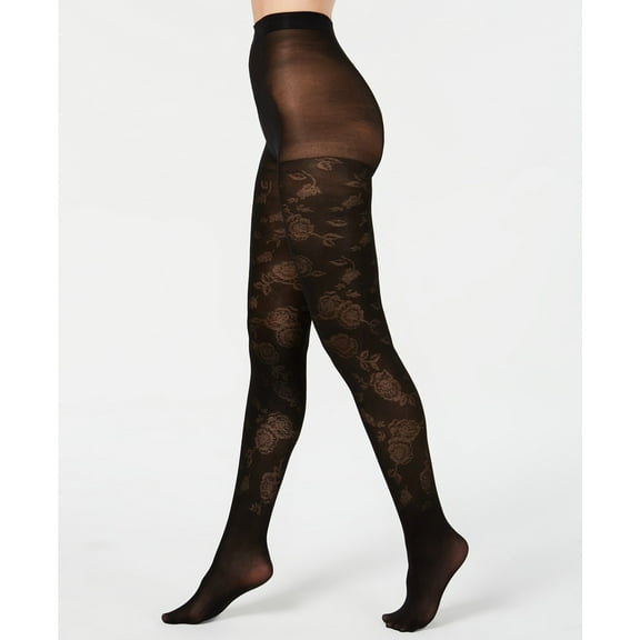 INC International Concepts Women’s Jacquard Floral Tights, Black, X-Small / Small