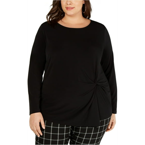 INC International Concepts Women’s Long-Sleeve Asymmetrical-Twist Top (Black, 2X)