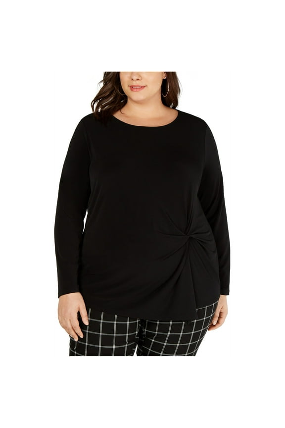 INC International Concepts Women’s Long-Sleeve Asymmetrical-Twist Top (Black, 2X)