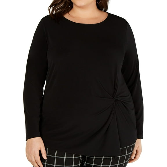 INC International Concepts Women’s Long-Sleeve Asymmetrical-Twist Top (Black, 3X)