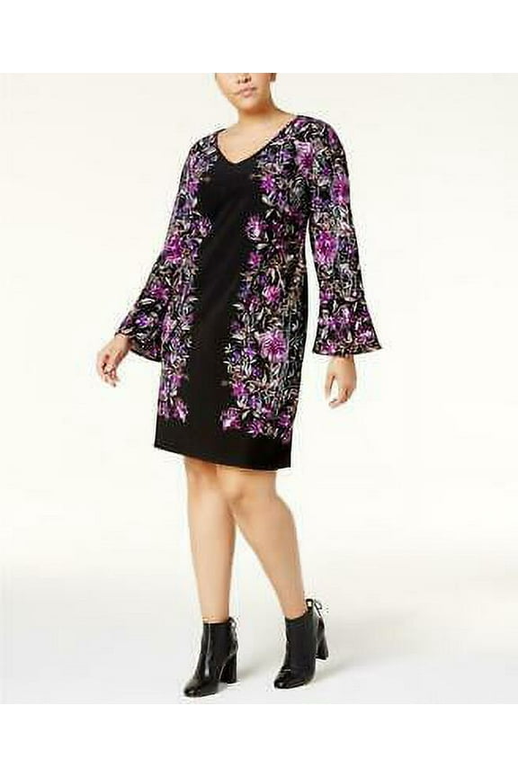 Women's Plus Bell-Sleeve Pont Shift Dress, Purple, 3X