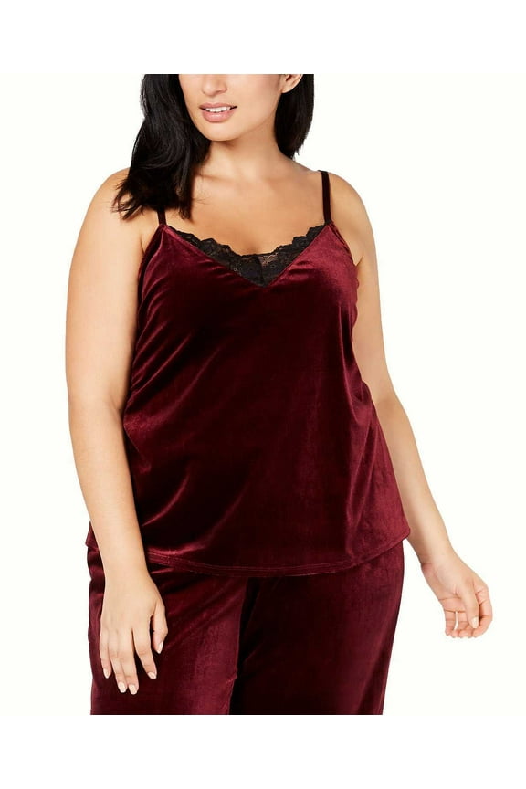 International Concepts Women's Plus Lace-Trim Velvet Camisole Top, Maroon 2X