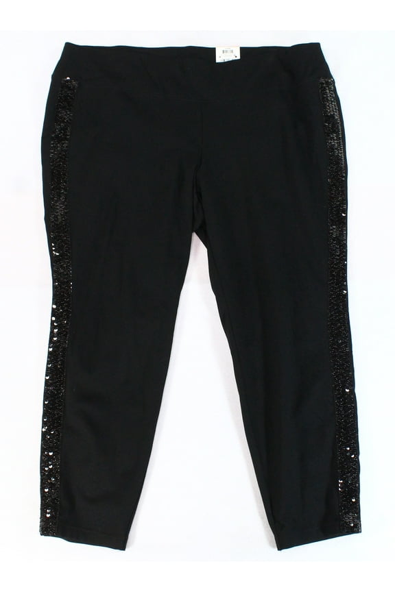INC International Concepts Women's Plus Sequin Varsity Stripe Ponte Knit Pants Black Size 22W