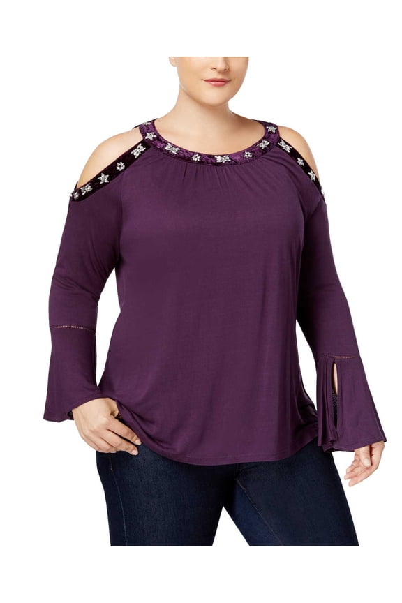 Womens Plus Size Velvet-Trim Cold-Shoulder Pullover Blouse Tops, Purple, 2X Plus