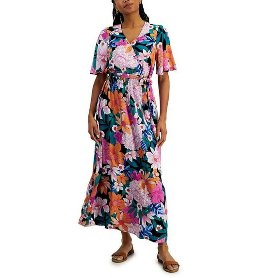 INC International Concepts Women's Printed Surplice Maxi Dress Black Size Petite M