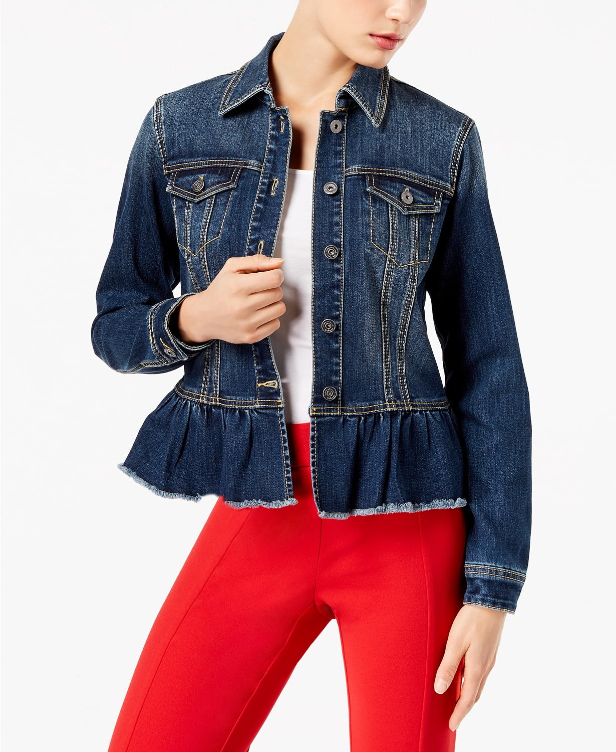 INC International Concepts Women s Ruffled Denim Jacket Blue Size Medium Walmart