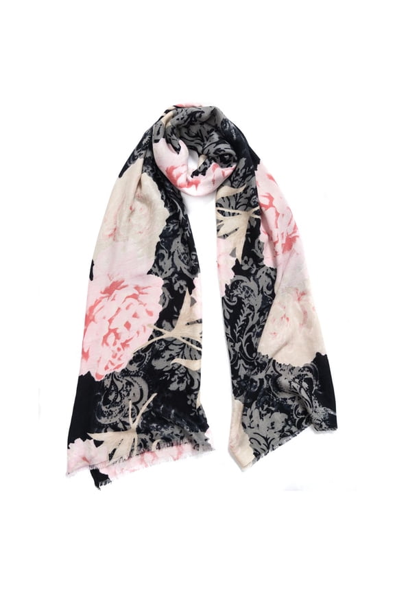 Women's Scrolling Blooms Pashmina Scarf, Black Pink Floral, One Size