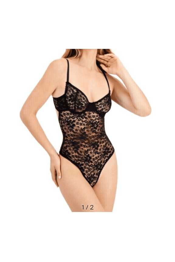 Women's Sheer Lace Cup Lingerie Bodysuit, Black Small