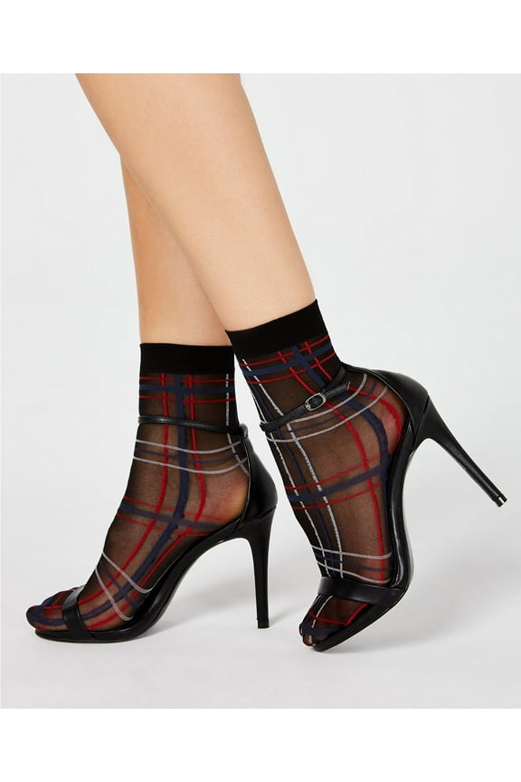 Women’s Sheer Plaid Anklet Socks, Black, 9-11