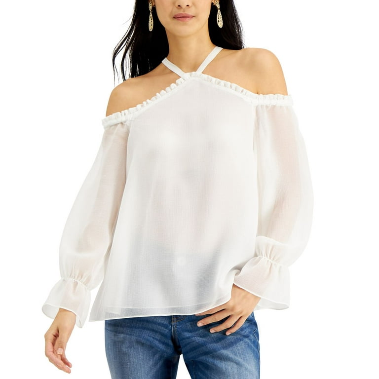 INC International Concepts Women s Solid Cold Shoulder Top White