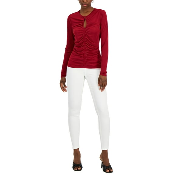 INC International Concepts Women's Solid Ruched Front Keyhole Knit Top Red Size Small