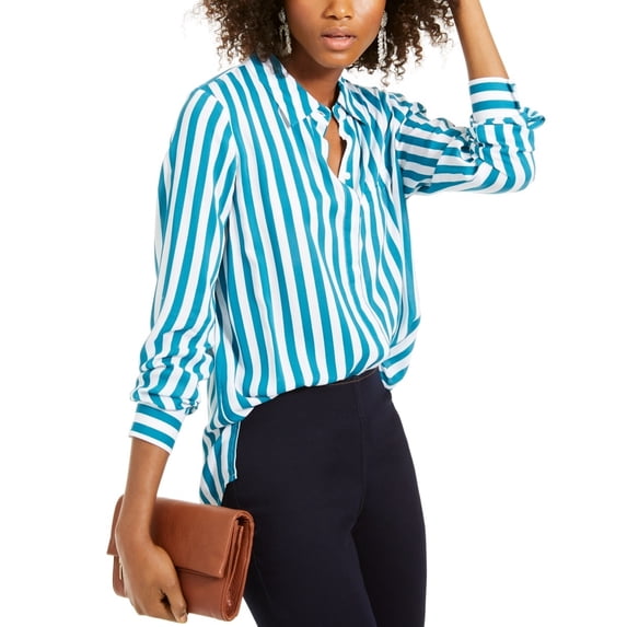 INC International Concepts Women's Striped Button-Down Shirt Green Size X-Large