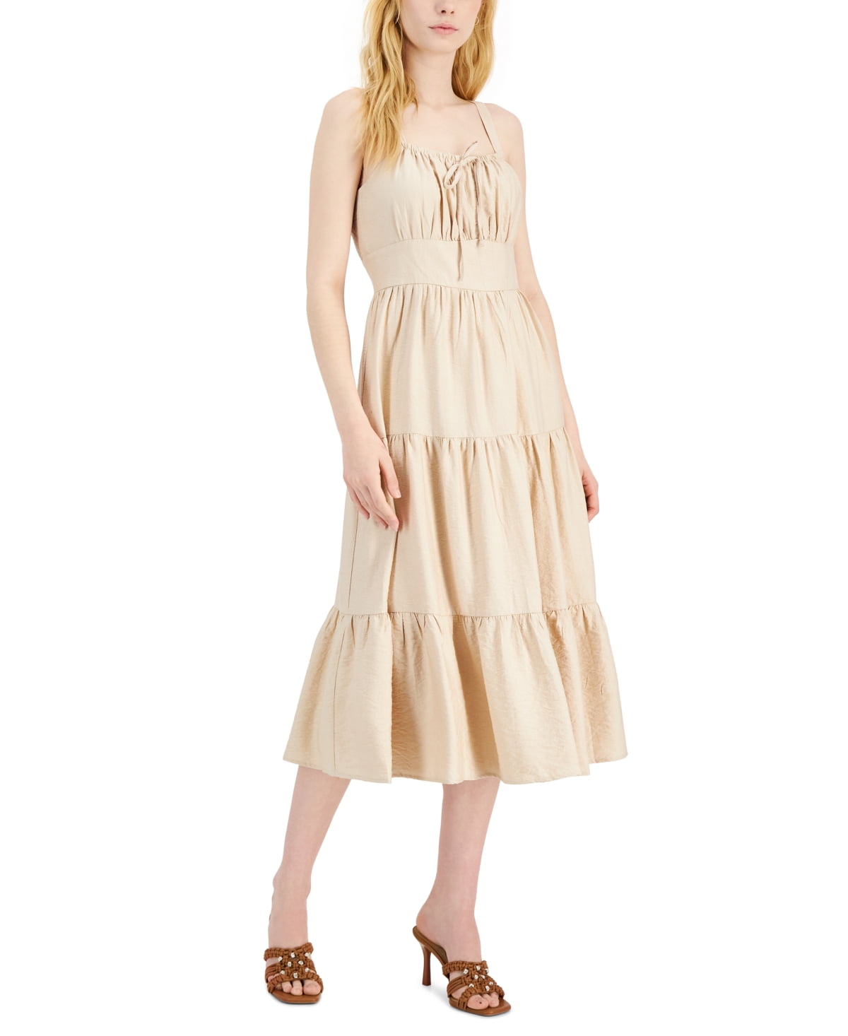 brown tiered midi dress Camel Tiered Tie Strap Midi Dress