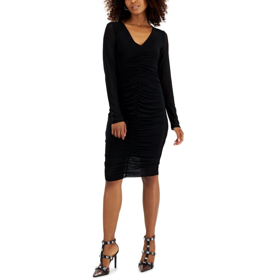 INC International Concepts Womens V Neck Ruched Mesh Dress Deep Black XL