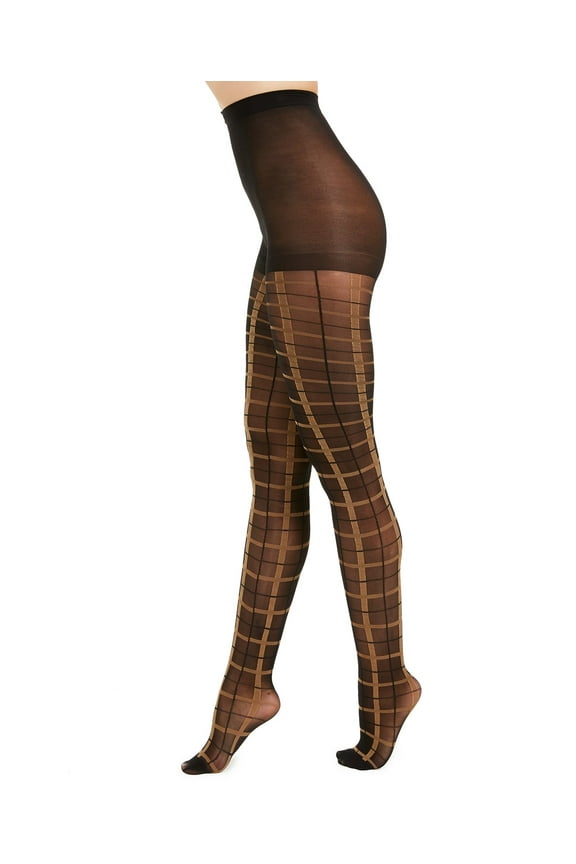 Womens Windowpane-Plaid Tights (Black, XS/S)