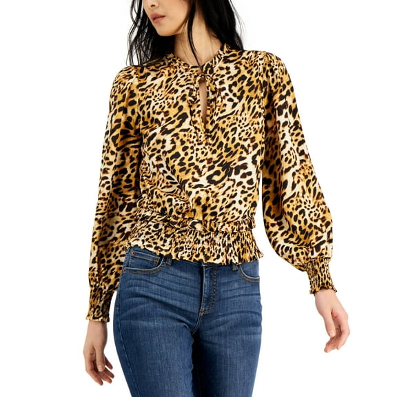 INC International Concepts Womens Animal Print Smocked Hem Tie Neck Top Caterina Cheetah M