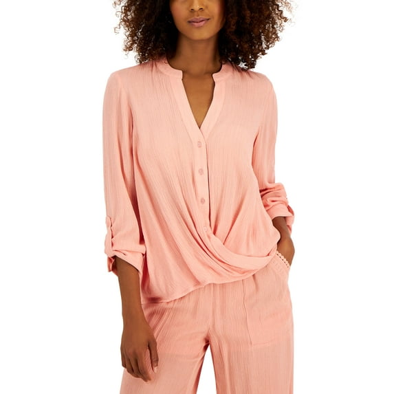 INC International Concepts Womens Button Down Front Twist Blouse Peach Parfait XS