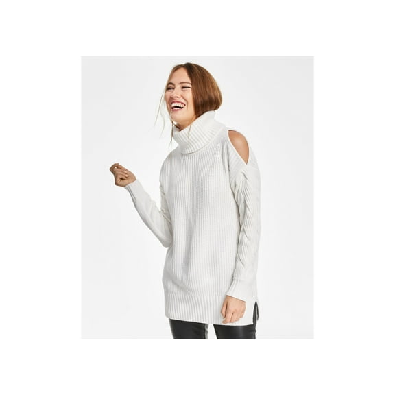 INC International Concepts Womens Cold Shoulder Cable Sleeve Sweater Wom White L