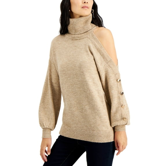 INC International Concepts Womens Cold Shoulder Turtleneck Sweater Tur Heather Pretzel XL