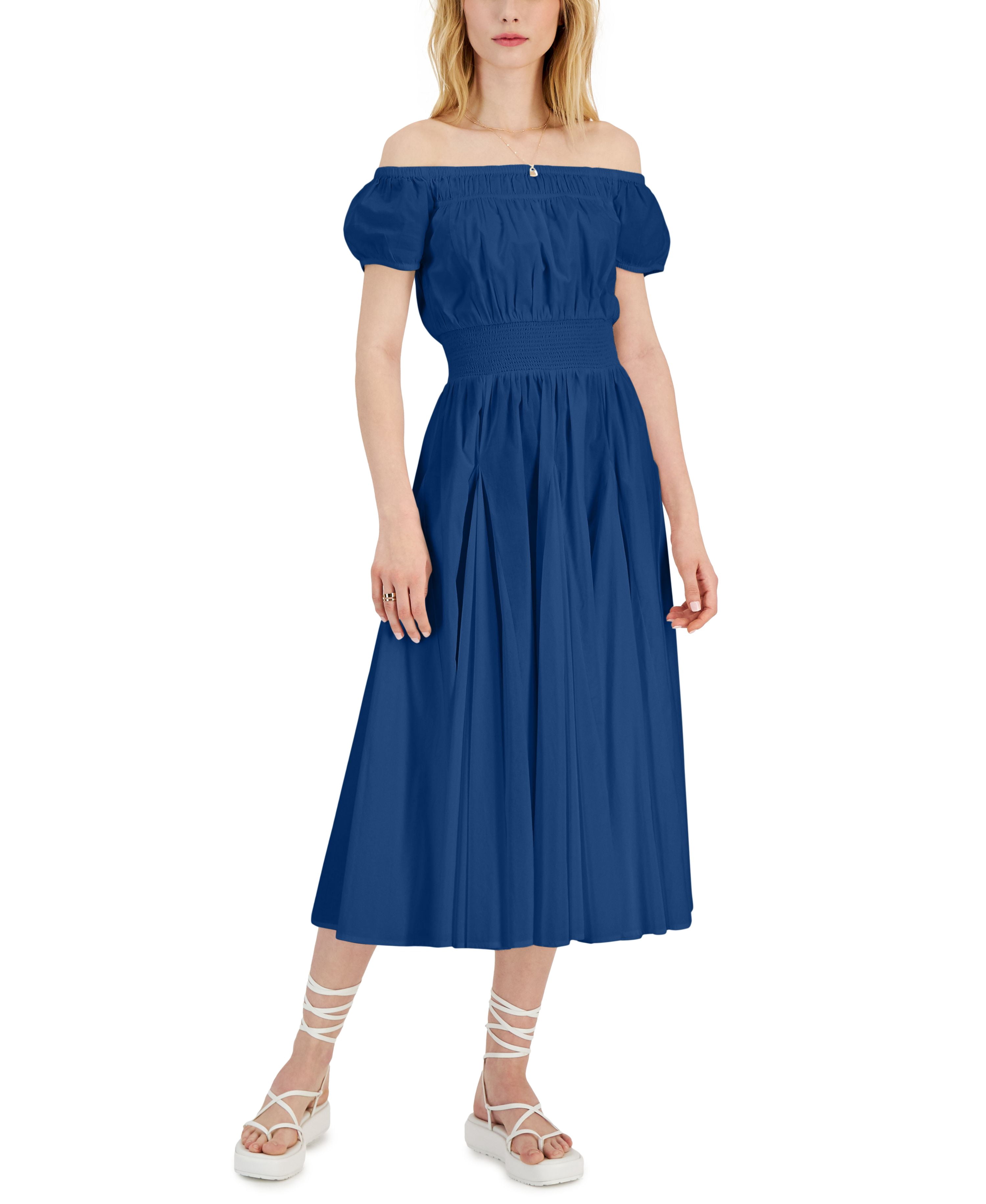 INC International Concepts Womens Cotton Off The Shoulder Midi Dress Blue Marine XS INC International Concepts Womens Cotton Off The Shoulder Midi Dress Blue Marine XS