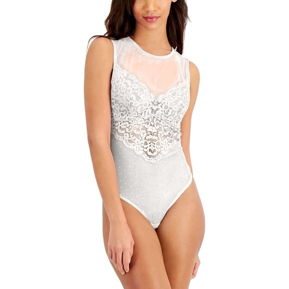 INC International Concepts Womens Cupped Swiss Dot Thong Bodysuit Washed White Large