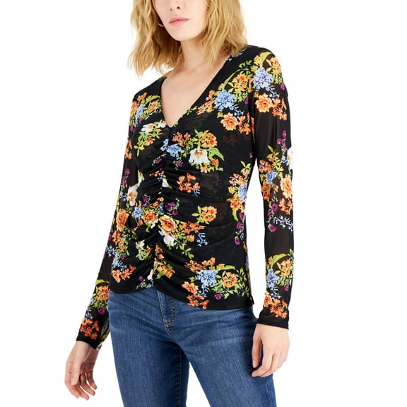 INC International Concepts Womens Floral Print Ruched Center V Neck Mesh Top Layla Floral S