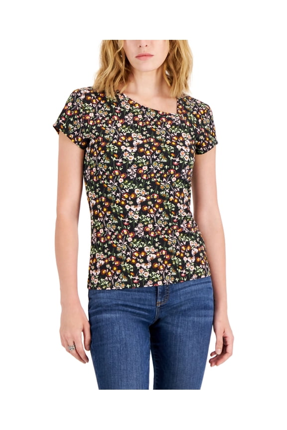 Womens Floral Ribbed Asymmetrical Neck T-Shirt Diana Ditsy C XL