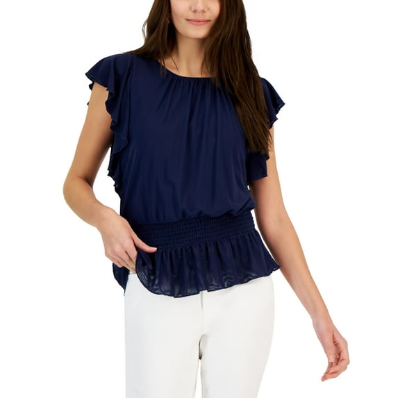 INC International Concepts Womens Flutter Sleeve Peplum Top Peplum Indigo Sea XL