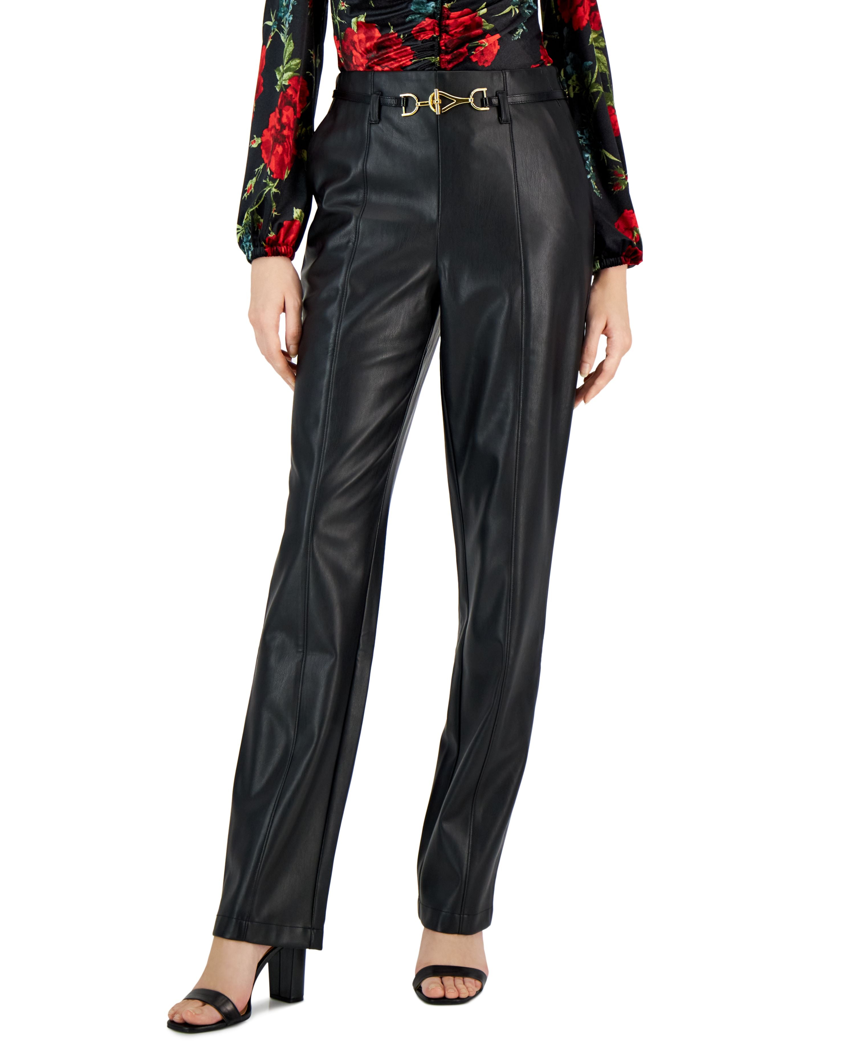 INC International Concepts Womens High Rise Belted Faux Leather Pants Deep Black 2