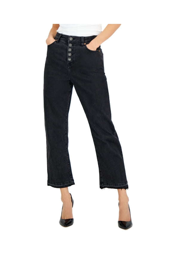 Womens High Rise Button Fly Straight Leg Jeans Black 12