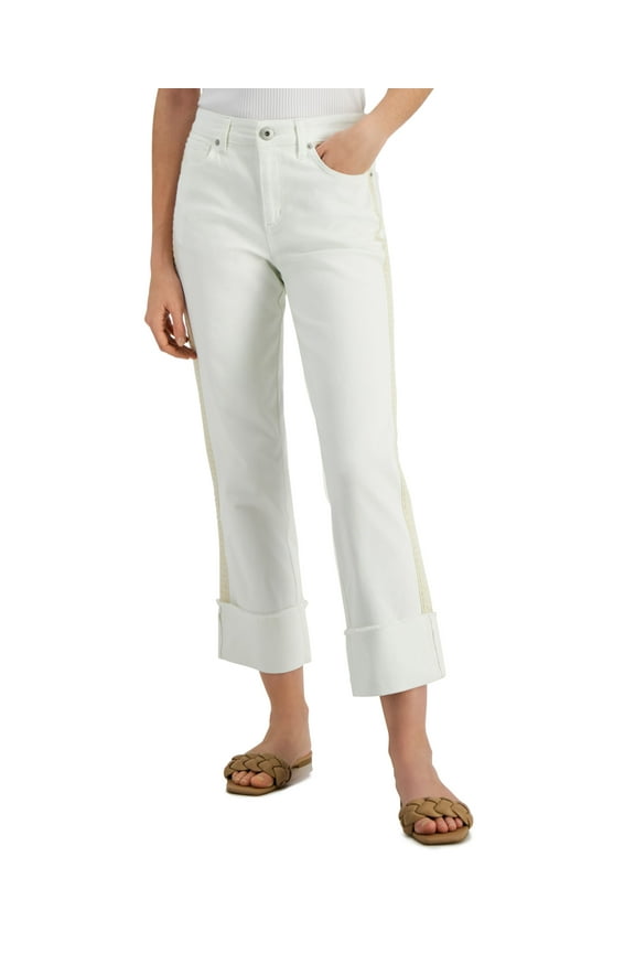 Womens High Rise Crochet Stripe Crop Jeans White 14