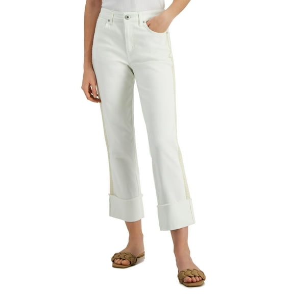 INC International Concepts Womens High Rise Crochet Stripe Crop Jeans White 14