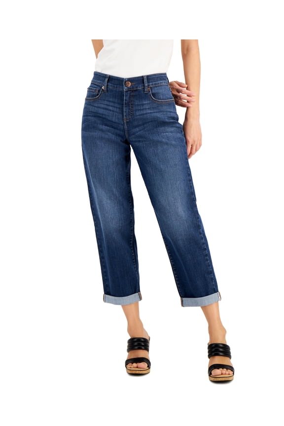 Womens High Rise Cuffed Boyfriend Jeans Medium Indigo 10