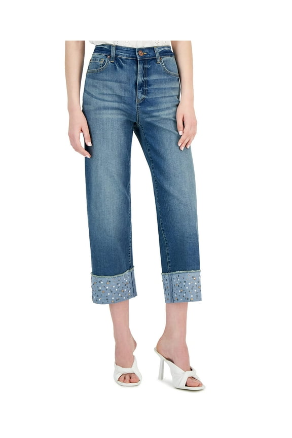 Womens High Rise Embellished Crop Wide Leg Jeans Medium Indigo 16