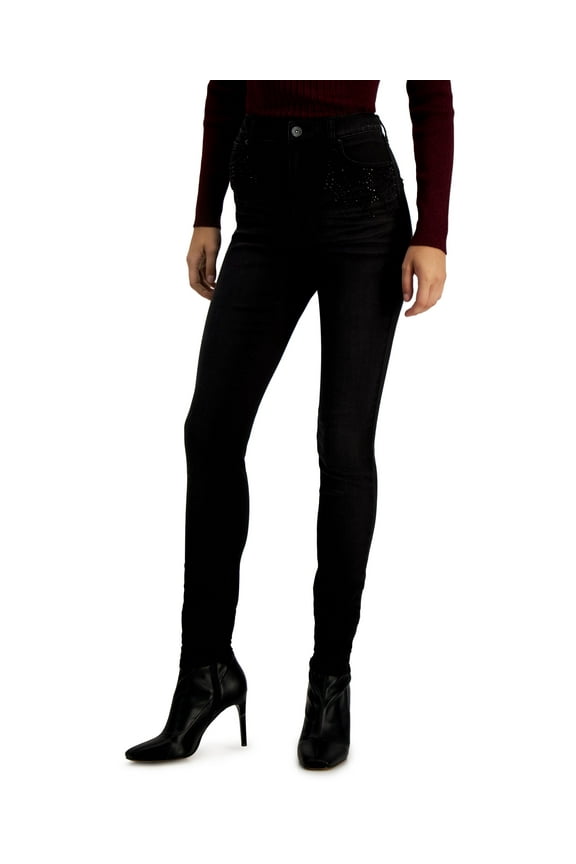International Concepts Womens High Rise Rhinestone Skinny Jeans Deep Black 16