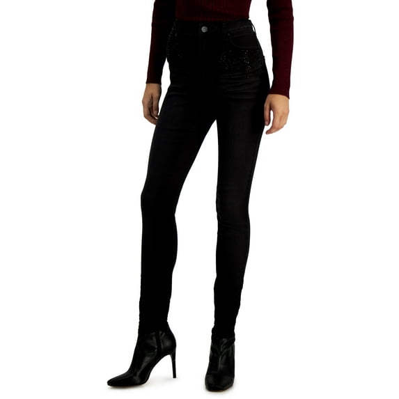 INC International Concepts Womens High Rise Rhinestone Skinny Jeans Deep Black 8