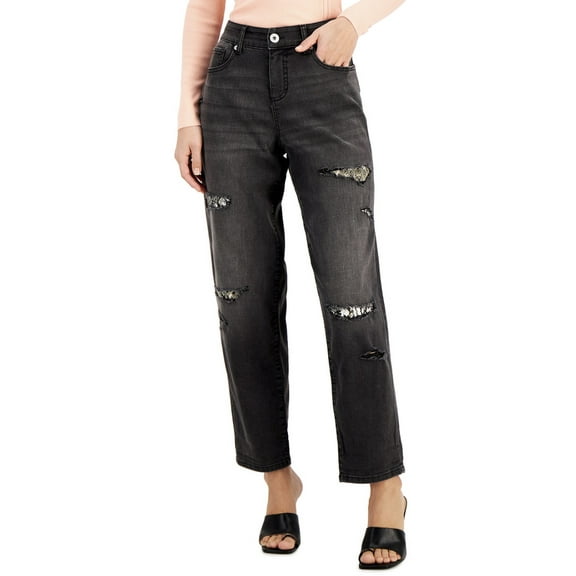 INC International Concepts Womens High Rise Ripped Leopard Boyfriend Jeans Washed Black 2