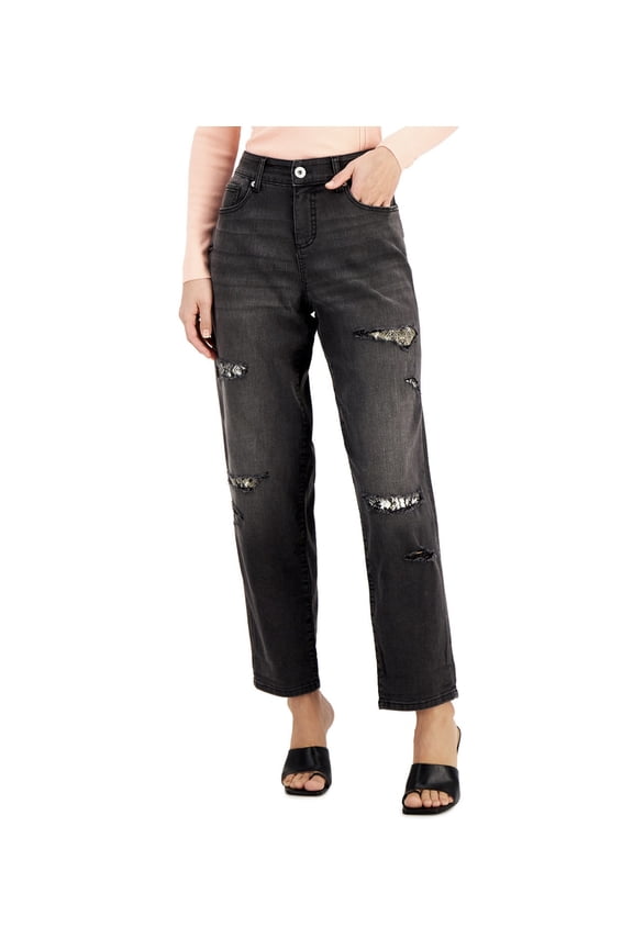 Womens High Rise Ripped Leopard Boyfriend Jeans Washed Black 2