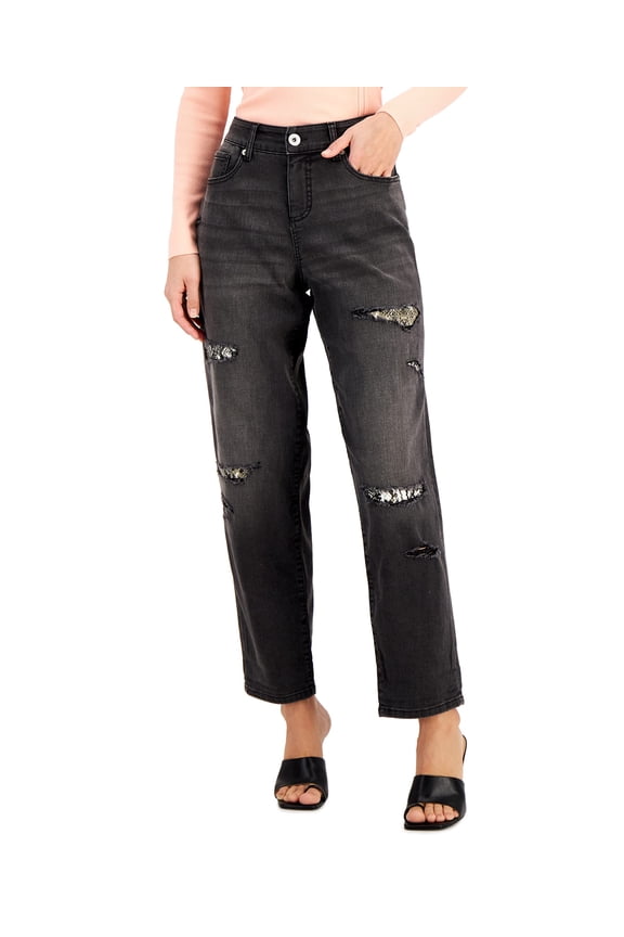 Womens High Rise Ripped Leopard Boyfriend Jeans Washed Black 6