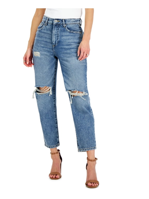 Womens High Rise Ripped Mom Jeans Dark Indigo 14