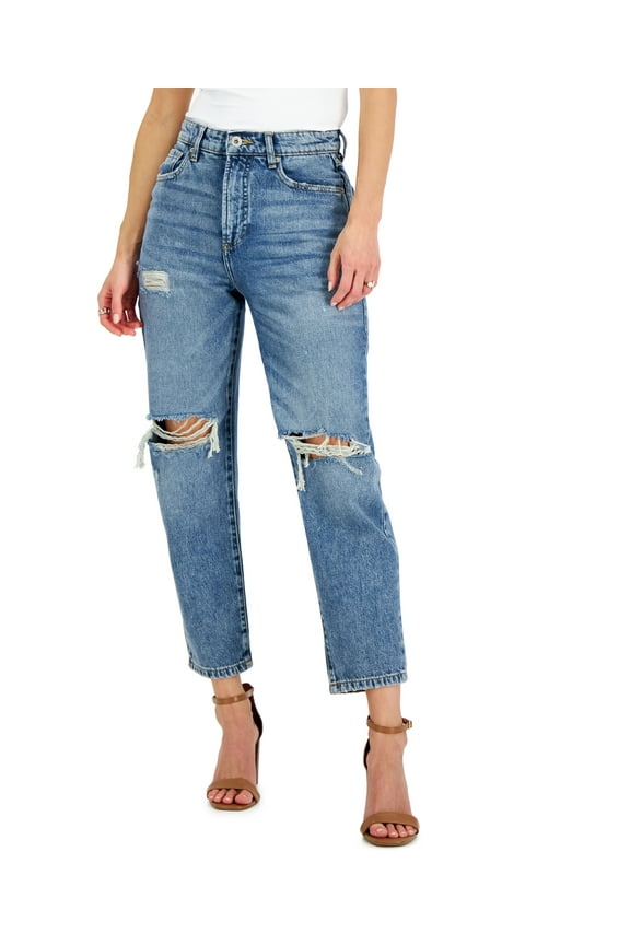 Womens High Rise Ripped Mom Jeans Dark Indigo 14