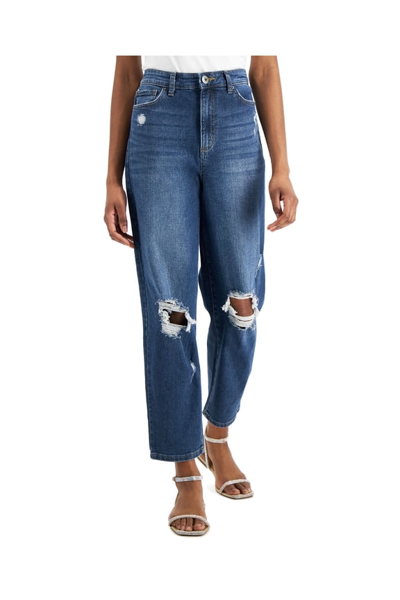 Womens High Rise Ripped Mom Jeans Medium Indigo 14