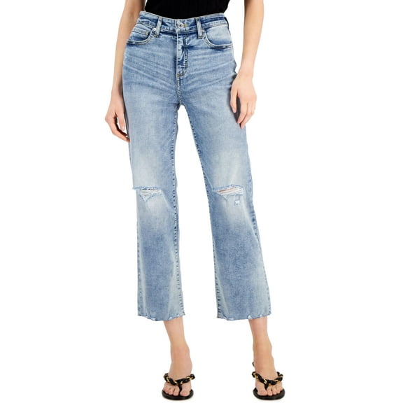 INC International Concepts Womens High Rise Ripped Straight Leg Jeans Light Indigo 14