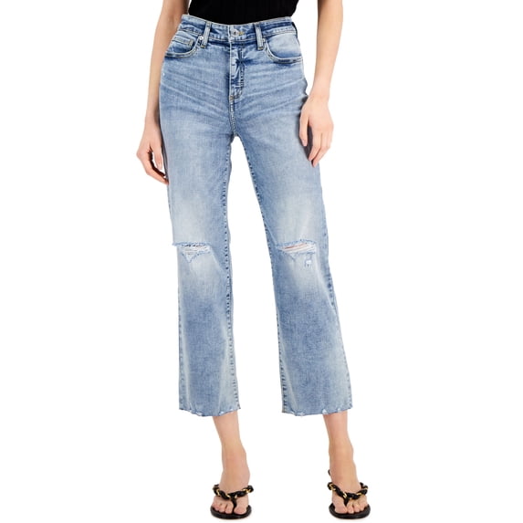 INC International Concepts Womens High Rise Ripped Straight Leg Jeans Light Indigo 8
