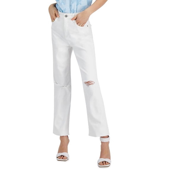 INC International Concepts Womens High Rise Ripped Straight Leg Jeans White 14