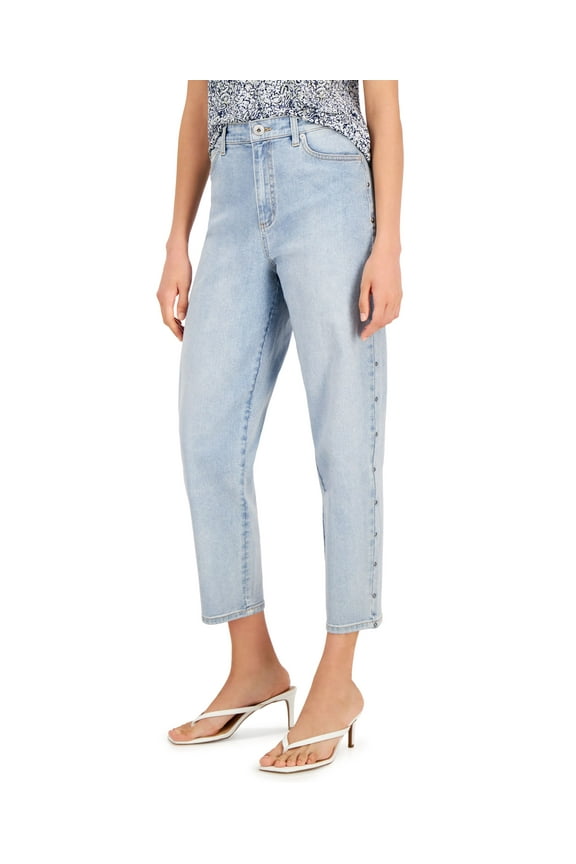 Womens High Rise Studded Cropped Mom Jeans Light Indigo 0