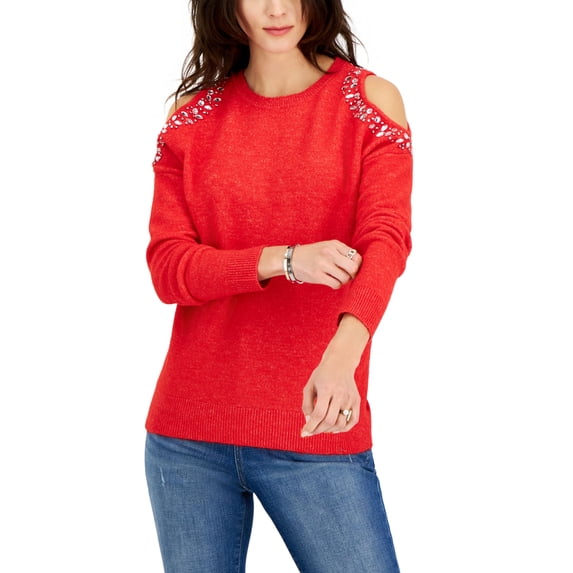 INC International Concepts Womens Jewel Studded Cold Shoulder Sweater Real Red XL